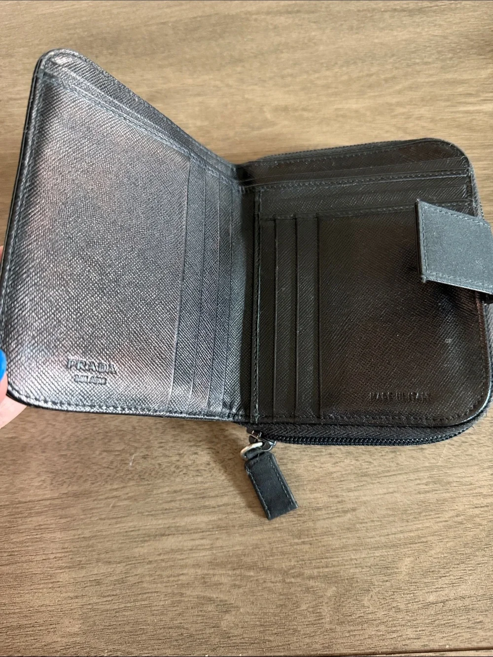 Prada Bifold  Black Zip-Around Card Wallet with Silver Triangle Emblem